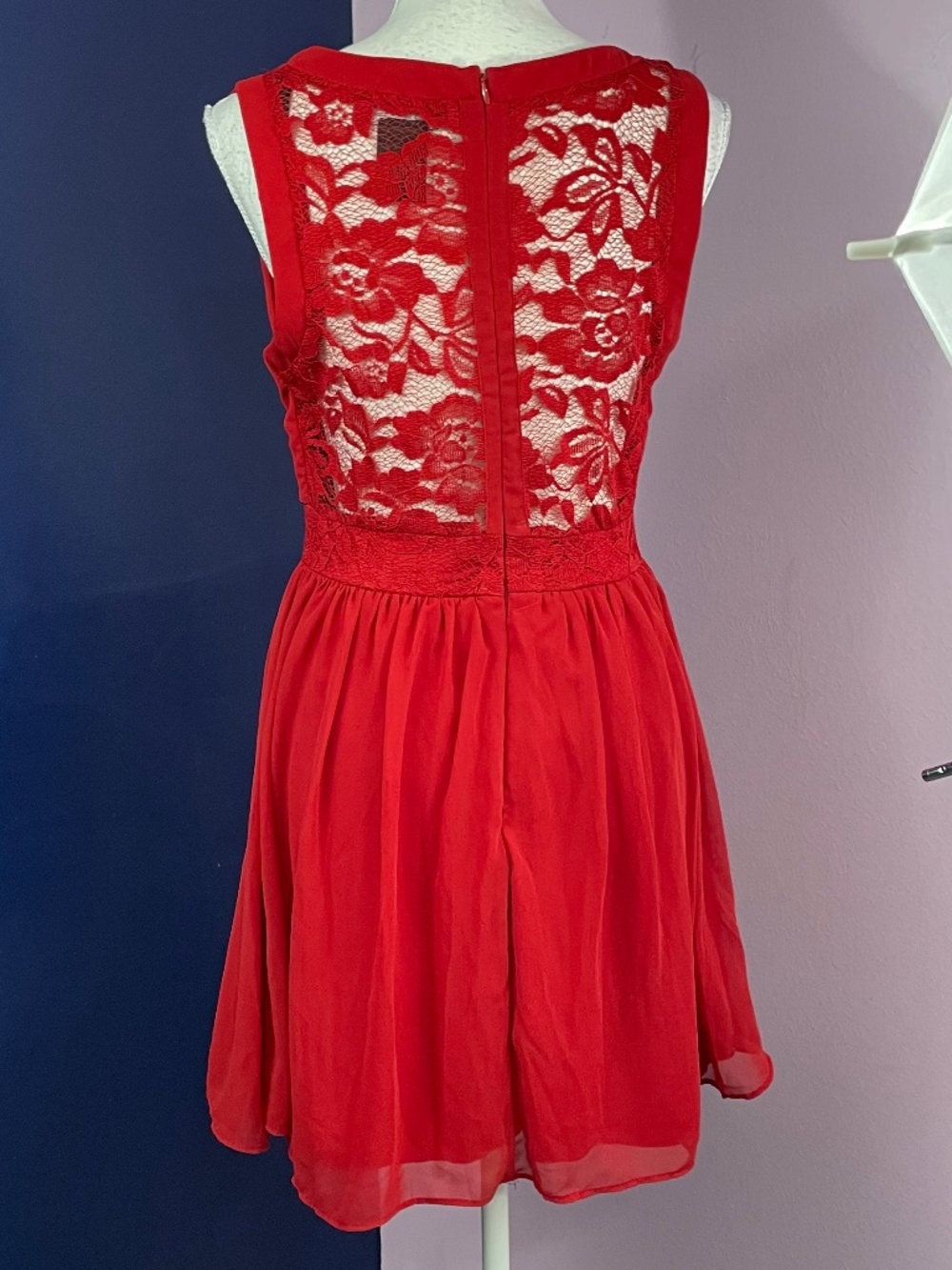 Lace Back Chiffon Dress 11 Red Floral Rose Skater A-Line Mini Sleeveless Romance